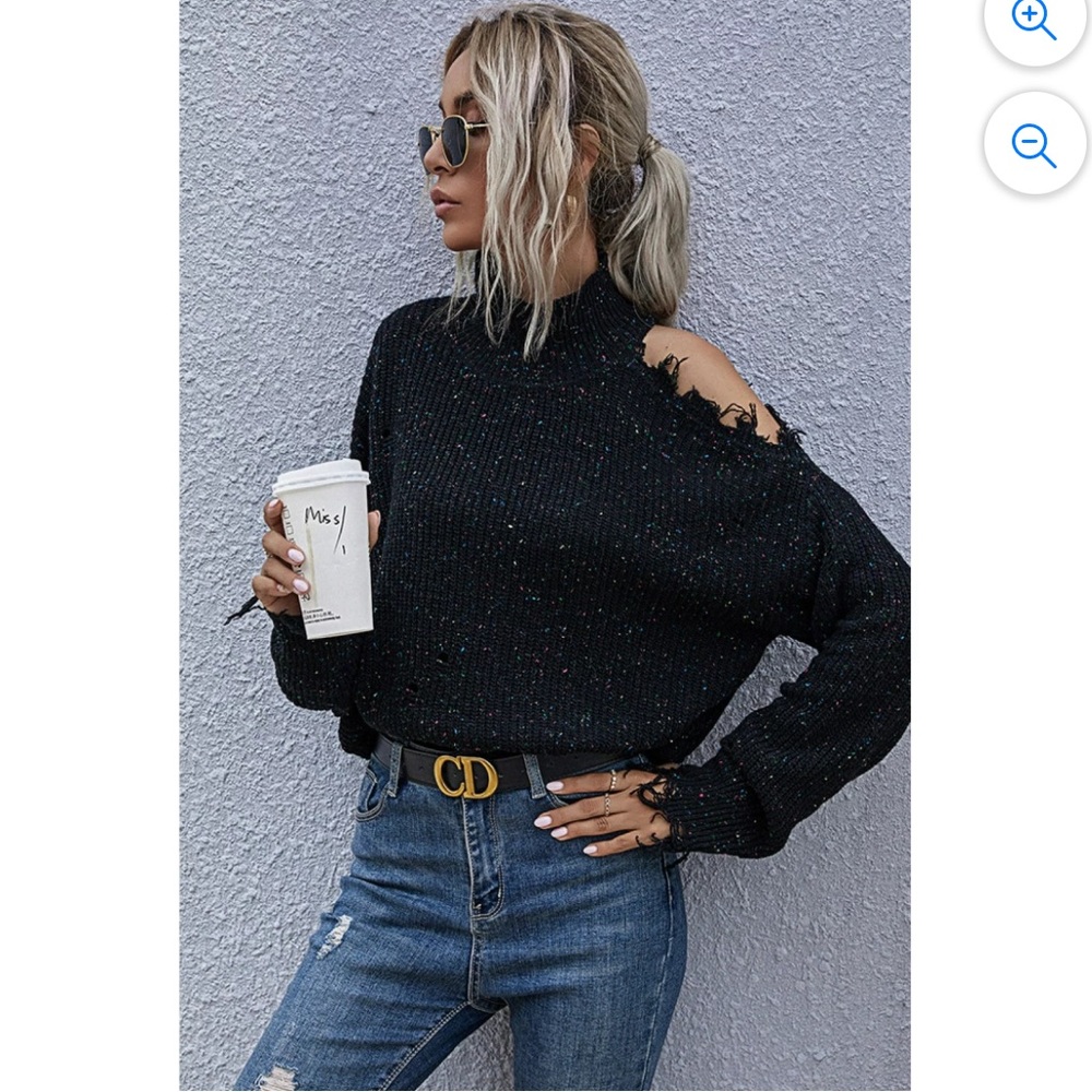 Distressed Sweater Mock Neck • Black with Rainbow Flecks